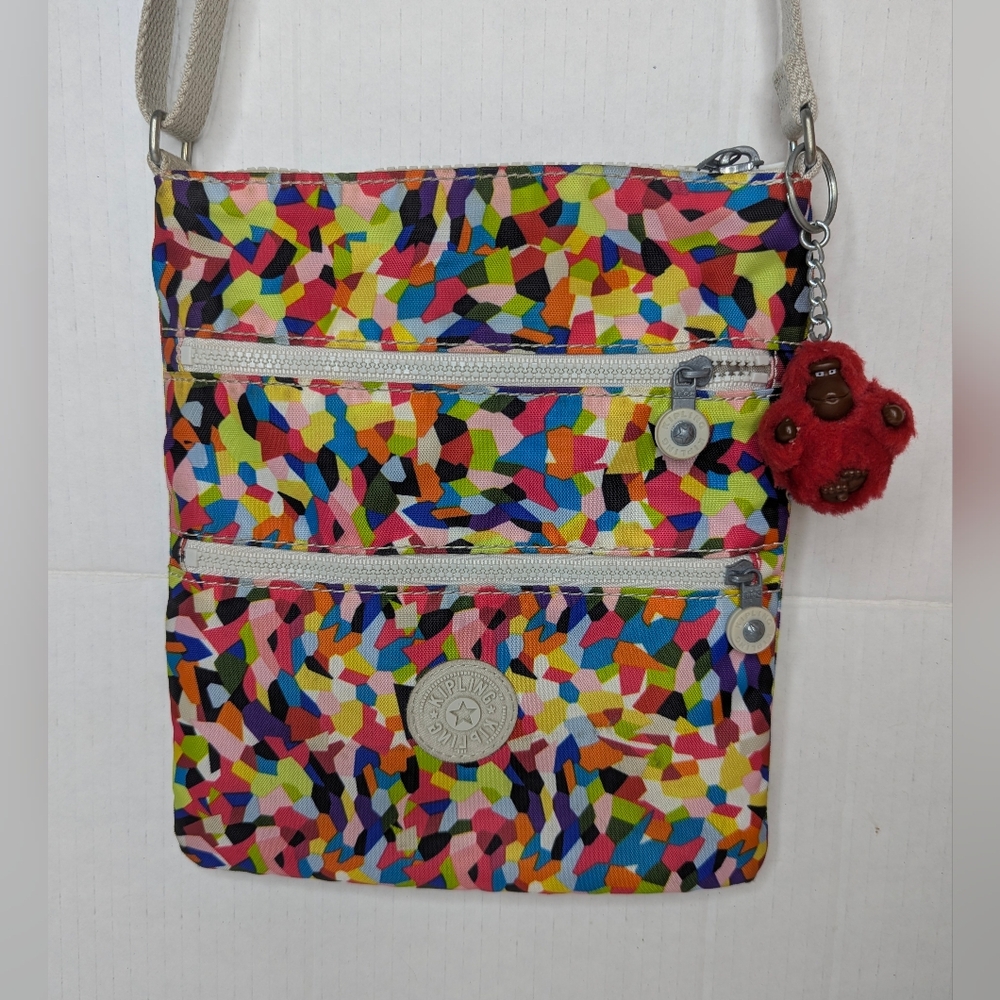 Kipling Multicolor Confetti Crossbody Bag with Red Monkey Charm
